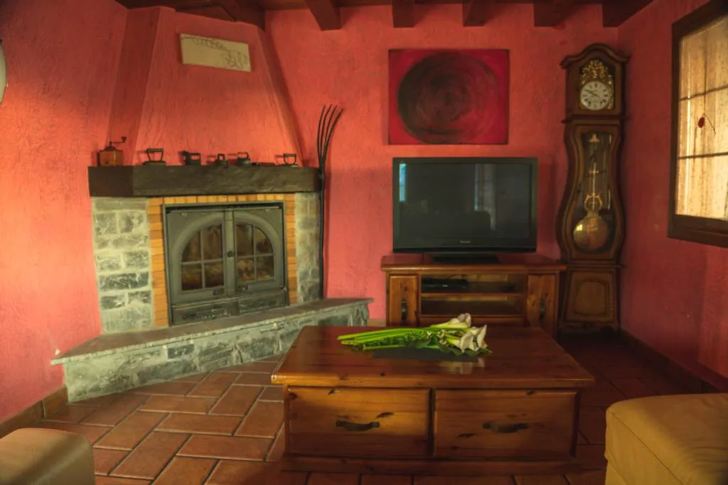 Salón con chimenea de piedra y paredes rojas