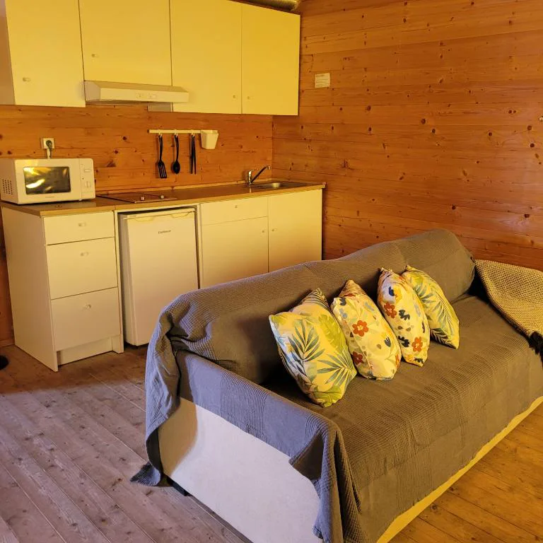 Cocina de madera y sofá con cojines amarillos