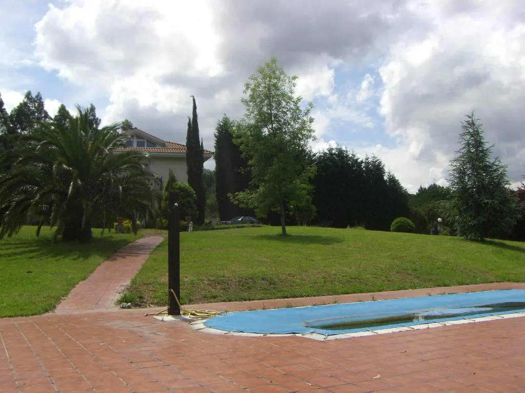 Piscina alargada al fondo de un jardín con palmeras
