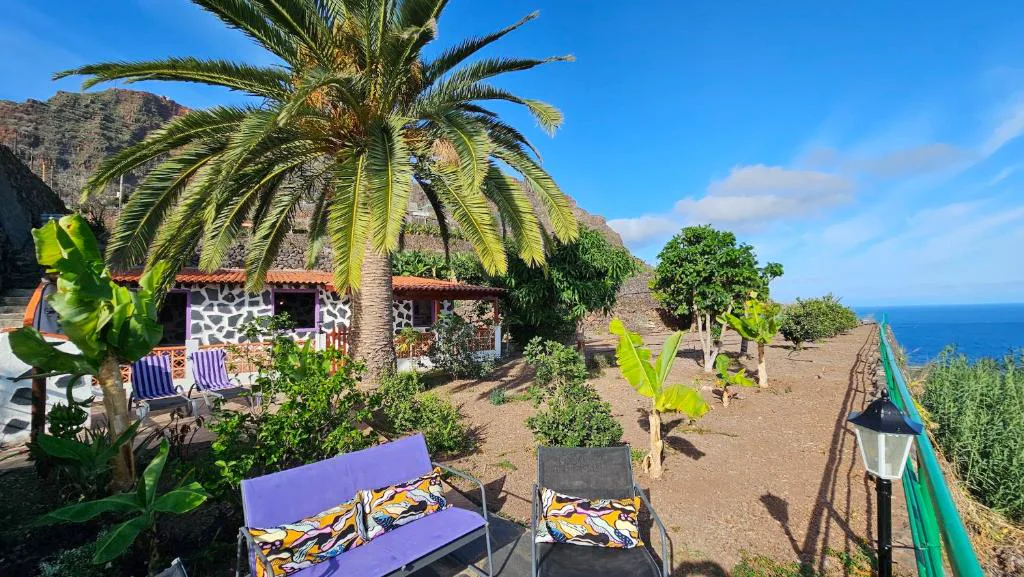 Jardín con tumbonas y palmeras junto a la fachada de piedra vista de la casa, Los Cerrajones