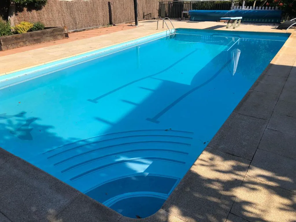 Piscina rectangular con suelo de piedra y jardín
