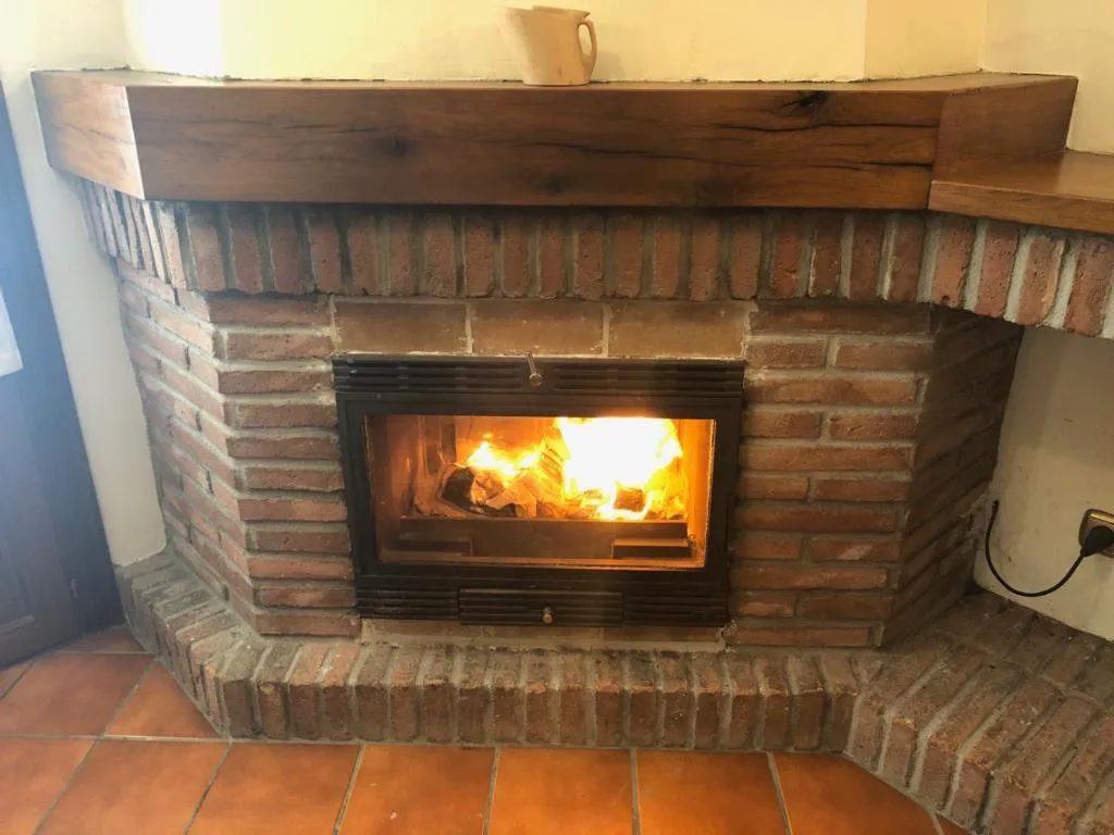 Chimenea de piedra encendida en un salón