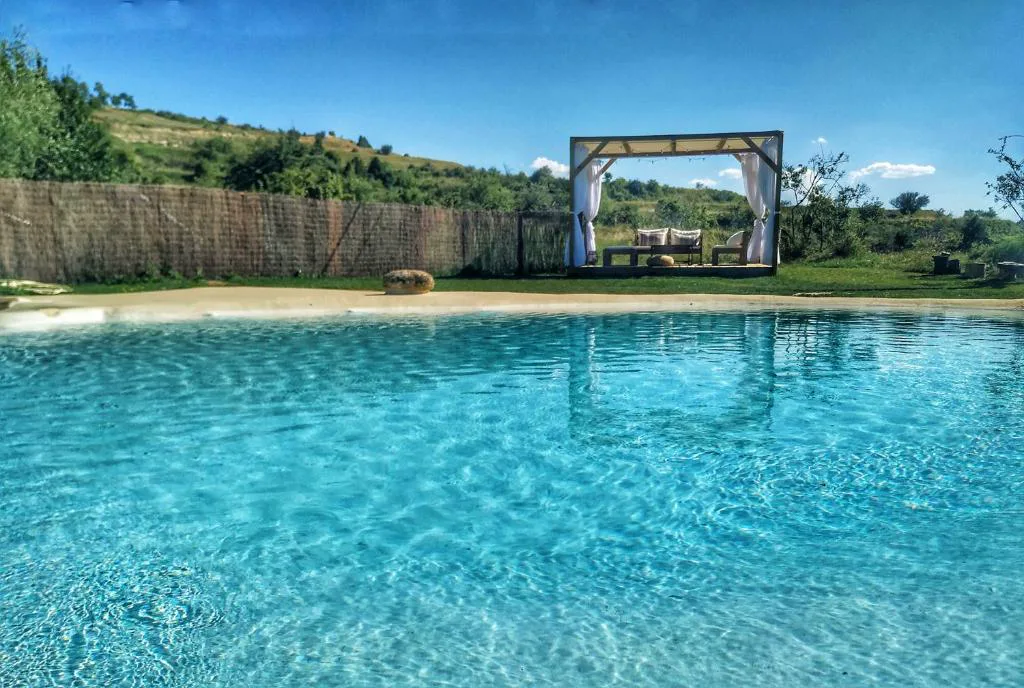 Piscina azul con pérgola de madera al fondo