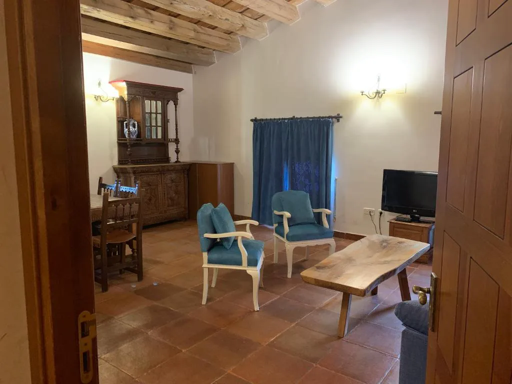 Salón con muebles de madera, sillones azules y televisor