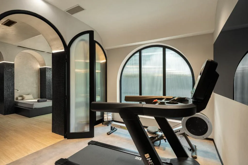 Zona de spa con arcos de piedra original y gimnasio, Palacete Valdemouro