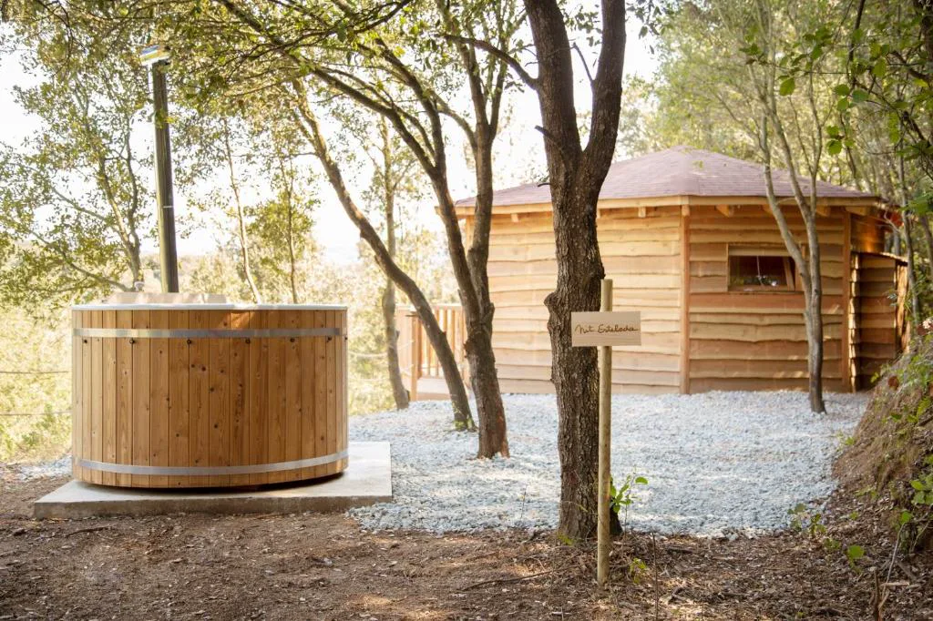 Bañera de madera exterior junto a una cabaña entre pinos
