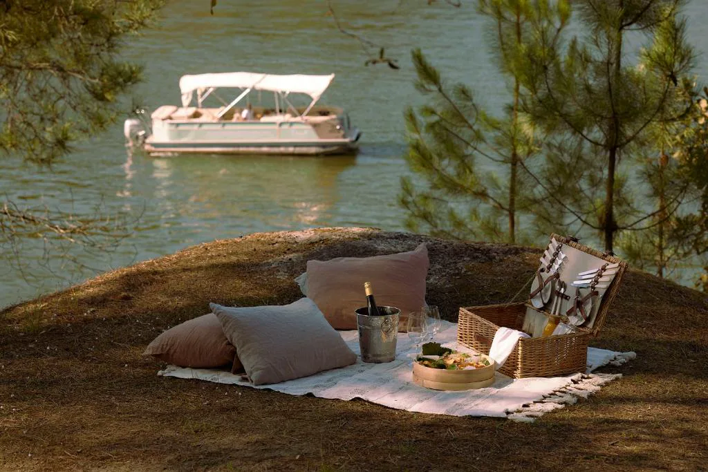 Picnic junto al río con cesta de mimbre y barco al fondo, Octant Douro