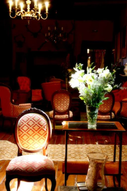 Salón con chimenea, butacas de anticuario y ramo de flores, Pazo do Castro