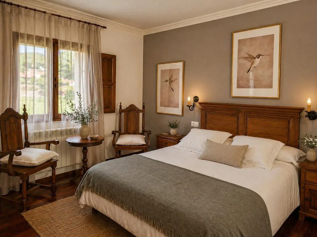 Habitación con cabecero de madera y cuadros