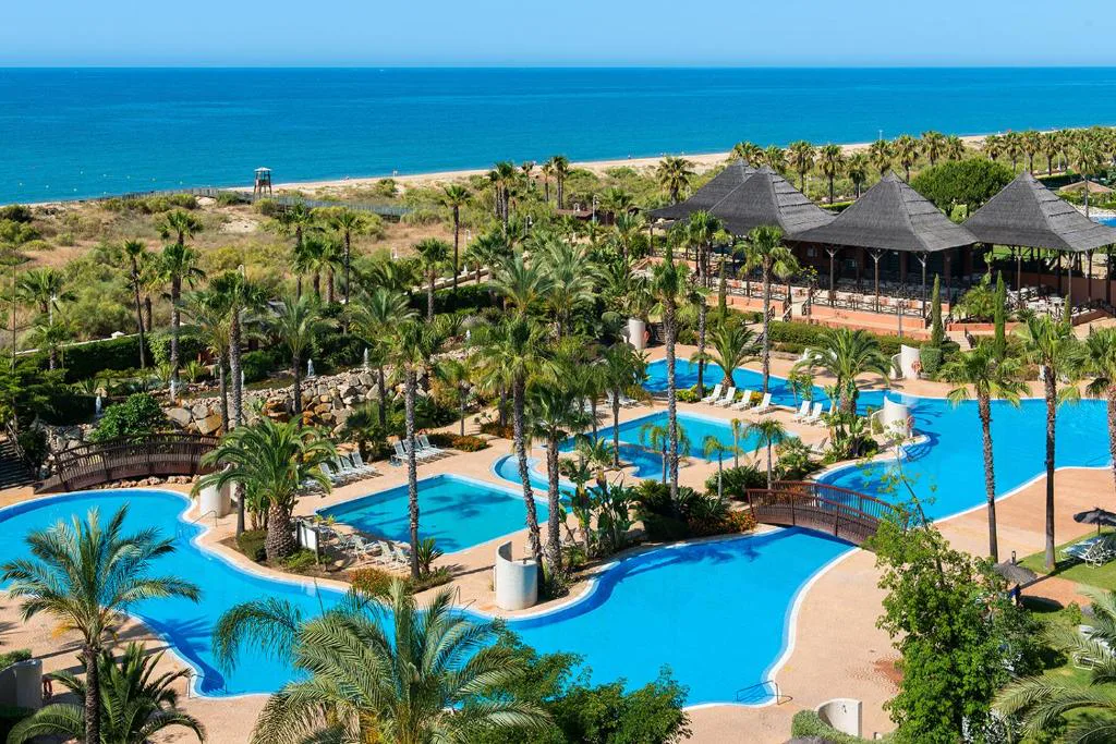 Vista aérea de las piscinas del hotel entre palmeras junto al mar