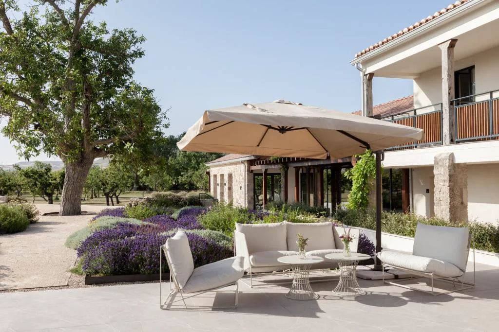 Terraza con sillones bajo una sombrilla y lavanda