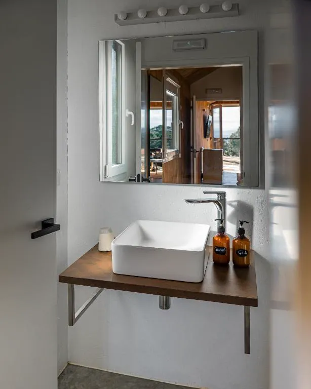 Baño con lavabo de diseño sobre encimera de madera y vistas al salón, Cabañas Rías Baixas