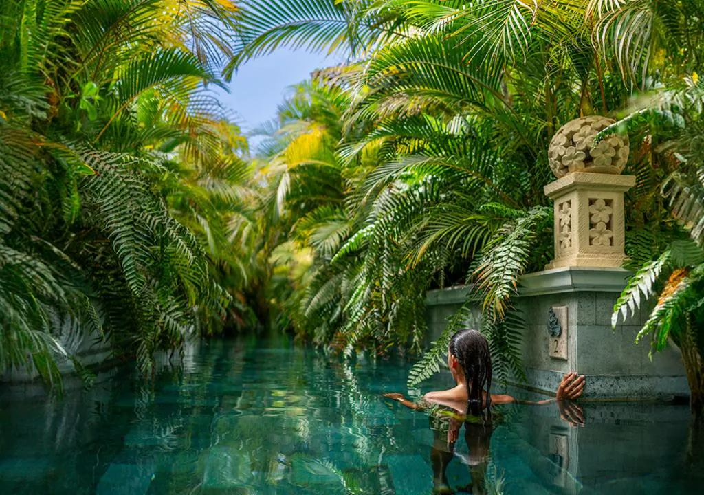 Piscina natural entre palmeras tropicales del spa, Royal River Adeje