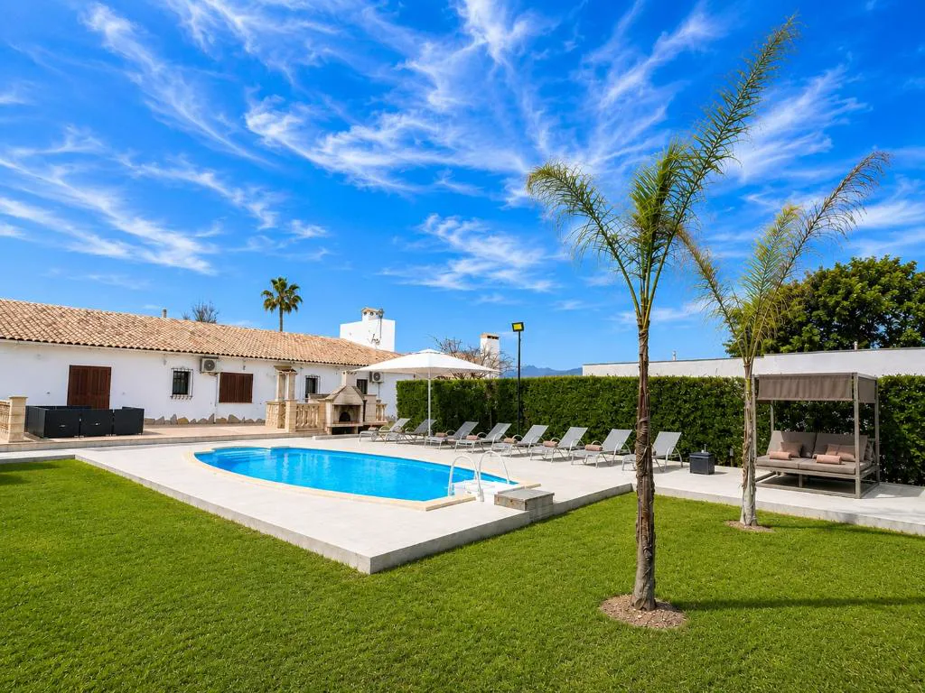 Piscina con césped y palmeras frente a la finca tradicional, Sa Figuera Roja, en Alcúdia, Mallorca
