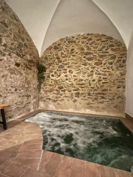 Sala de piedra abovedada con piscina interior