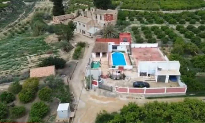 Vista aérea de la casa entre naranjos