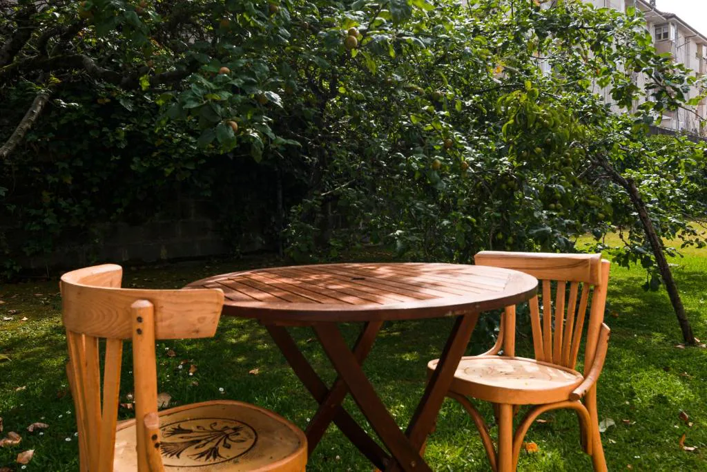 Mesa de madera con sillas bajo los árboles del jardín