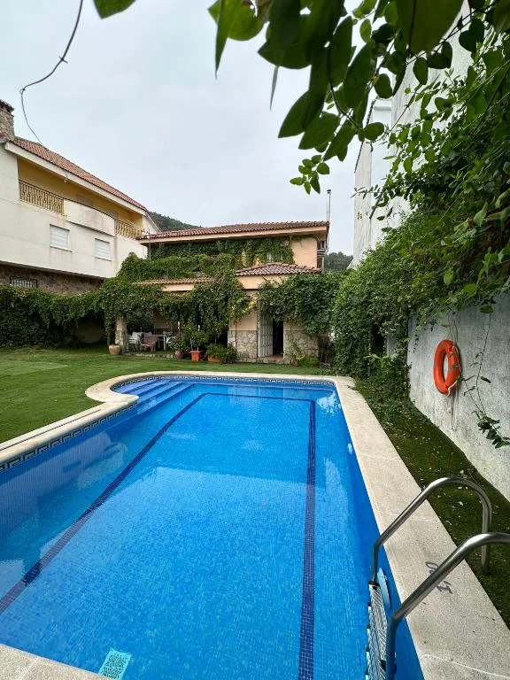 Piscina rectangular con tumbonas y jardín