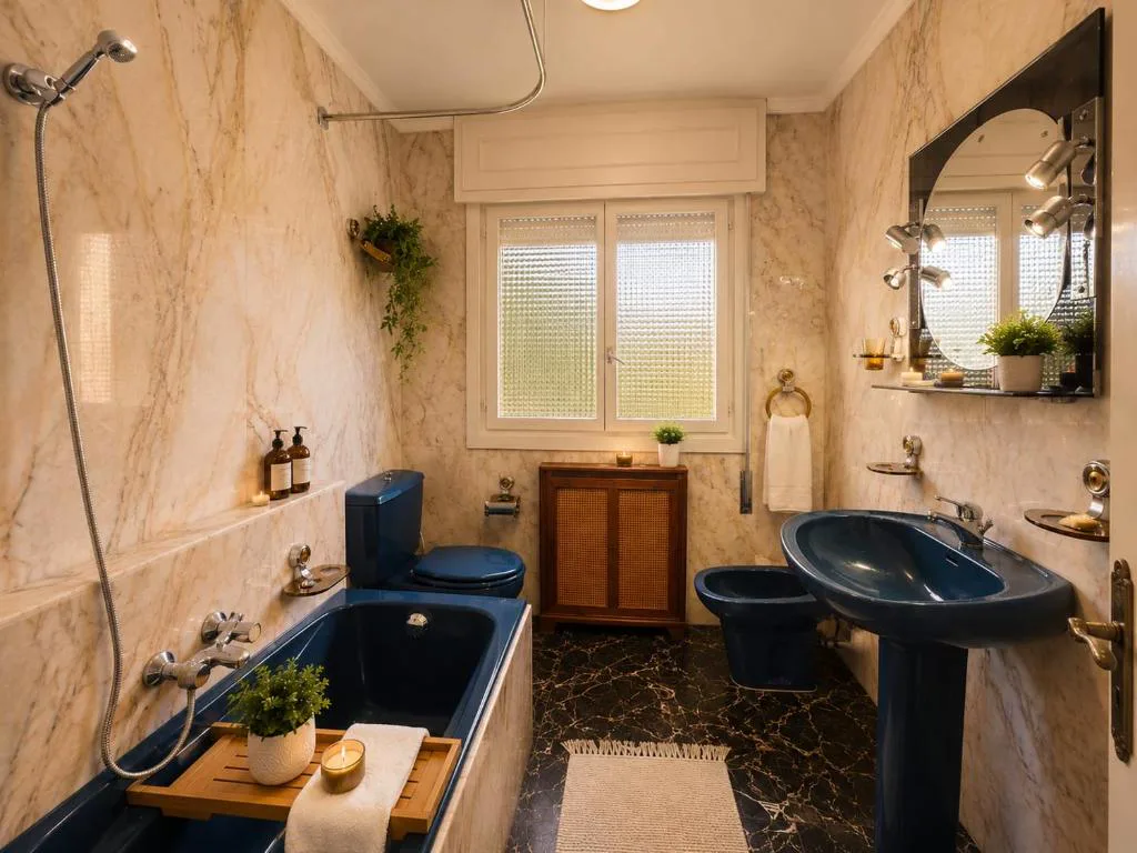 Baño con bañera oscura y detalles de mármol