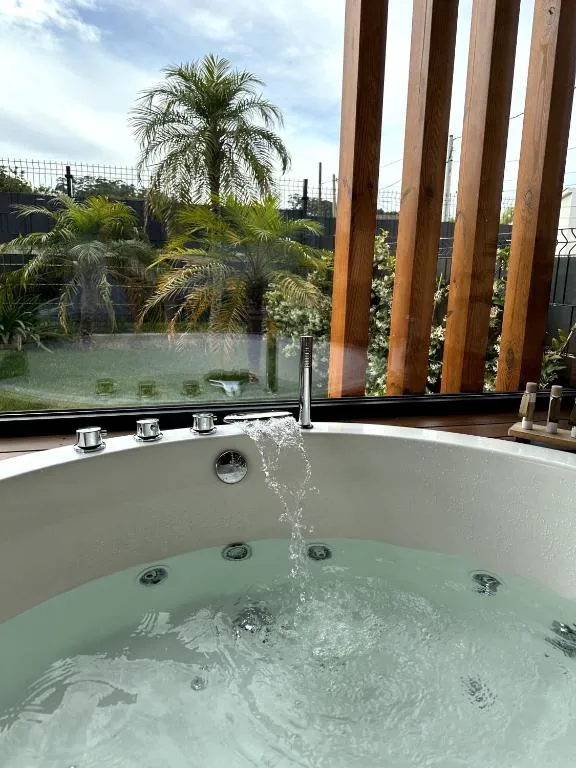 Detalle de la bañera de hidromasaje exterior con vistas a las palmeras del jardín